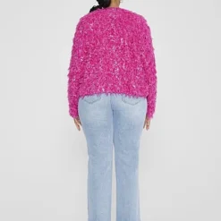 Fashion To Figure Angelique Faux Feather Sparkle Cardigan Jacket