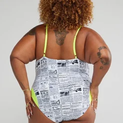 Fashion To Figure Newspaper Print One-Piece Swimsuit