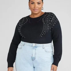 Fashion To Figure Aleya Rhinestone Detail Pullover Sweater