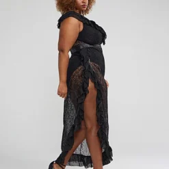 Fashion To Figure High Slit Ruffle Detail Dress -Pleasures SHOP plus size high slit ruffle detail dress