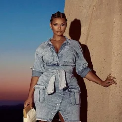 Fashion To Figure Marisa Tie Waist Denim Dress -Pleasures SHOP x 032796e5 9f41 4761 b037 ab93261c5f3a