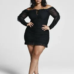 Fashion To Figure Gia Ruched Off The Shoulder Mesh Dress