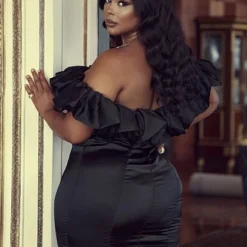 Fashion To Figure Jacinta Off The Shoulder Sateen Dress -Pleasures SHOP x 0bd8ca40 b0fd 4e90 8a21 12c9817736d3