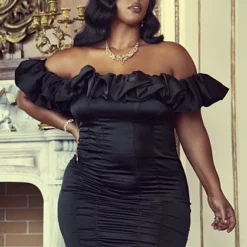 Fashion To Figure Jacinta Off The Shoulder Sateen Dress -Pleasures SHOP x 0cb9a2d9 3663 46d8 97f2 0ad8387be097