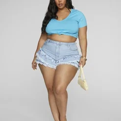 Fashion To Figure Light Wash Fringe Denim Shorts -Pleasures SHOP x 0d5a9999 e17f 4828 9393 dcbc3bb17737