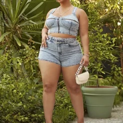 Fashion To Figure Harper Rhinestone Buckle Denim Shorts