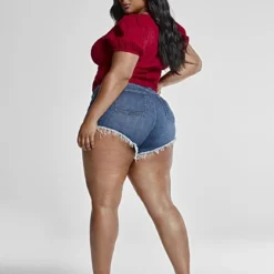 Fashion To Figure High Rise Denim Short Shorts With Raw Hem