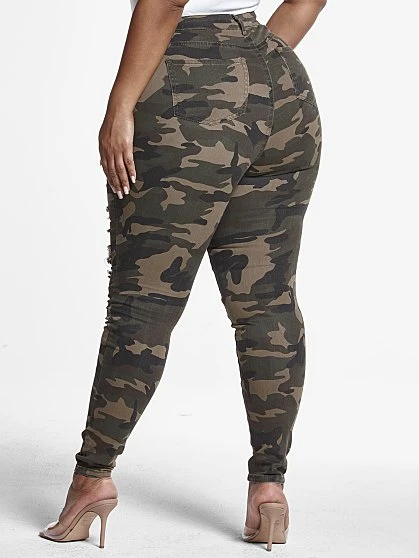 Fashion To Figure High-Rise Super Skinny Destructed Jeans In Green Camo 2 Fashion To Figure High-Rise Super Skinny Destructed Jeans In Green Camo - Image 2