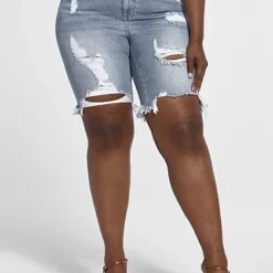 Fashion To Figure Medium Wash Destructed Bermuda Shorts -Pleasures SHOP x 1764eb6a 6e61 4f23 b4bb 1ccec93fbb97