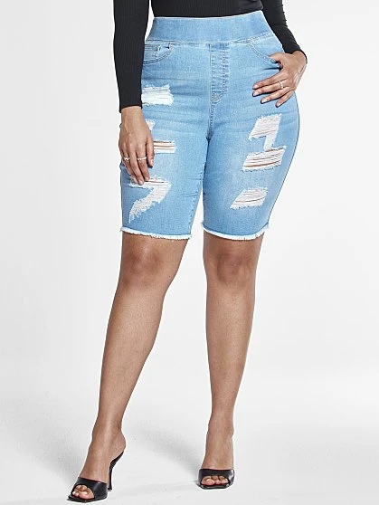 Fashion To Figure High Rise Destructed Bermuda Shorts In Light Indigo 3 Fashion To Figure High Rise Destructed Bermuda Shorts In Light Indigo - Image 3