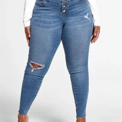 Fashion To Figure Medium Wash High Rise Button Fly Skinny Jeans - Short Inseam -Pleasures SHOP x 19686ab6 afc0 4d0b a45e 3b595d19c19d