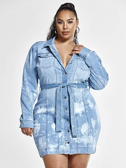 Fashion To Figure Nyssa Bleach Splatter Belted Denim Dress 4 Fashion To Figure Nyssa Bleach Splatter Belted Denim Dress - Image 4