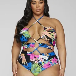 Fashion To Figure Nyla Halter Tropical Print One-Piece Swimsuit