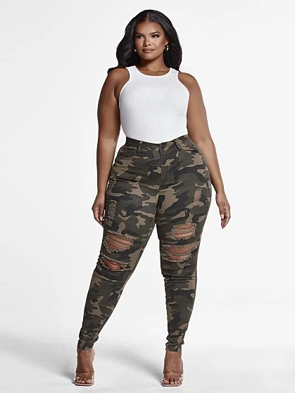 Fashion To Figure High-Rise Super Skinny Destructed Jeans In Green Camo 3 Fashion To Figure High-Rise Super Skinny Destructed Jeans In Green Camo - Image 3