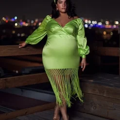 Fashion To Figure Kellie Satin Fringe Dress - Nadia X FTF