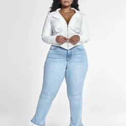 Fashion To Figure High Rise Flare Jeans With Feather Trim