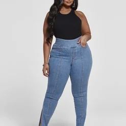 Fashion To Figure High Rise Medium Blue Wash Jeggings With Side Slits - Short Inseam -Pleasures SHOP x 32916cb4 4a5e 412a a0e5 ab9762d06bab