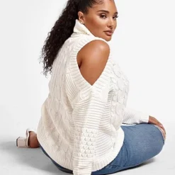 Fashion To Figure Caroline Cold Shoulder Cable Knit Sweater