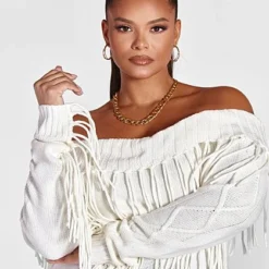 Fashion To Figure Marilyn Off The Shoulder Fringe Sweater -Pleasures SHOP x 3a0a6580 8cd1 4707 9c02 7d91896c95ea
