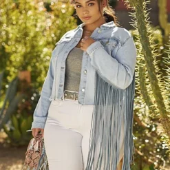 Fashion To Figure Ruthie Fringe Trucker Denim Jacket -Pleasures SHOP x 3b13cadd e6f5 4cf8 a9a2 03b9eefe1b3f
