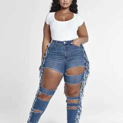 Fashion To Figure High Rise Blowout Skinny Jeans With Fringe Detail - Tall Inseam