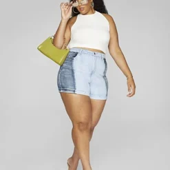 Fashion To Figure High Rise Two Tone Denim Shorts