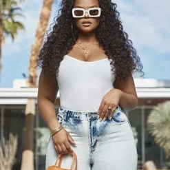 Fashion To Figure High Rise Bleached Wash Straight Leg Jeans