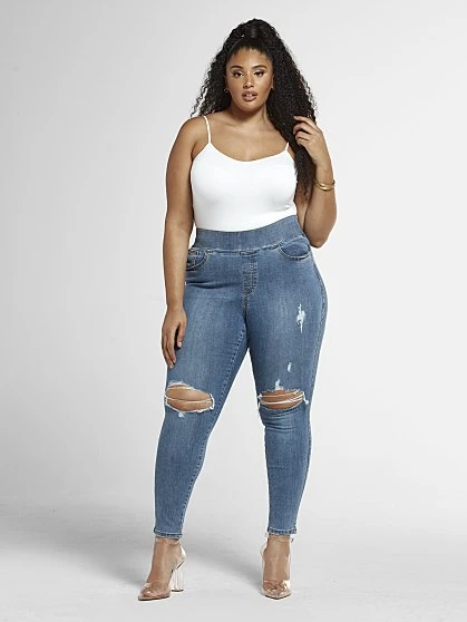 Fashion To Figure Blowout Knee Jeggings In Medium Blue Wash - Short Inseam 2 Fashion To Figure Blowout Knee Jeggings In Medium Blue Wash - Short Inseam - Image 2