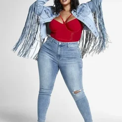 Fashion To Figure Ruthie Fringe Trucker Denim Jacket