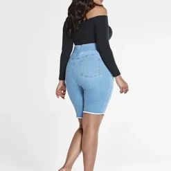 Fashion To Figure High Rise Destructed Bermuda Shorts In Light Indigo