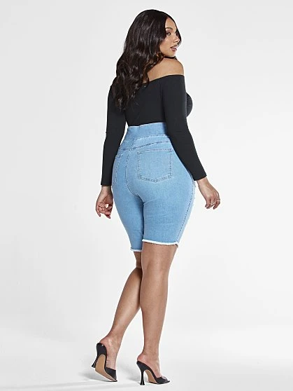 Fashion To Figure High Rise Destructed Bermuda Shorts In Light Indigo 1 Fashion To Figure High Rise Destructed Bermuda Shorts In Light Indigo