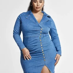 Fashion To Figure Carly Denim Dress With Asymmetrical Button Detail -Pleasures SHOP x 4dd43a88 aa95 414f b1b0 07a980372b97