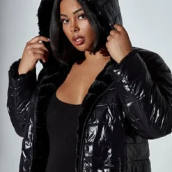 Fashion To Figure Chandra Hooded Reversible Faux Fur Puffer Coat