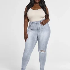 Fashion To Figure High Rise Light Wash Destructed Skinny Jeans - Short Inseam