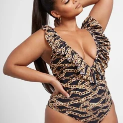Fashion To Figure Melody Chain Print Ruffle One-Piece Swimsuit