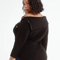 Fashion To Figure Amelia Split Collar Sweater With Snap Detail -Pleasures SHOP x 554469df afeb 4c27 a5d0 e62453f05bb2