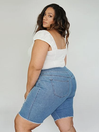 Fashion To Figure High Rise Destructed Bermuda Shorts In Light Indigo 5 Fashion To Figure High Rise Destructed Bermuda Shorts In Light Indigo - Image 5