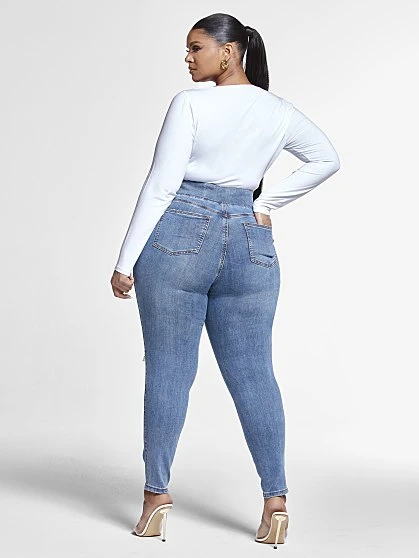 Fashion To Figure Blowout Knee Jeggings In Medium Blue Wash - Short Inseam 3 Fashion To Figure Blowout Knee Jeggings In Medium Blue Wash - Short Inseam - Image 3