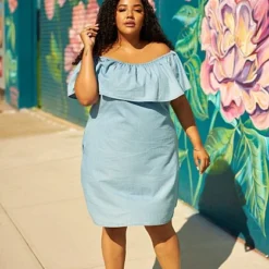Fashion To Figure Madeleine Off Shoulder Denim Dress -Pleasures SHOP x 6dcb3379 44b5 4be8 b8d6 e3322e41ed4b