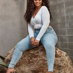 Fashion To Figure Light Wash Curvy Fit Skinny Jeans With Double Side Belt Details -Pleasures SHOP x 723d9499 5888 4c9d 980a f69ed3d192f2