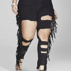 Fashion To Figure High Rise Blowout Skinny Jeans With Fringe Detail - Short Inseam