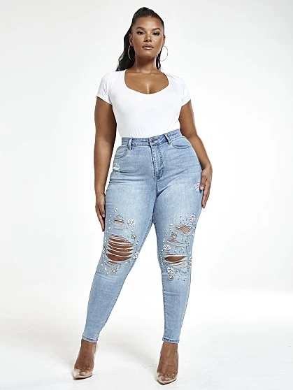 Fashion To Figure Light Wash High Rise Rhinestone Skinny Jeans - Tall Inseam 1 Fashion To Figure Light Wash High Rise Rhinestone Skinny Jeans - Tall Inseam