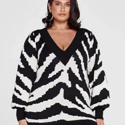 Fashion To Figure Veronica Zebra Print V-Neck Sweater -Pleasures SHOP x 83fb1148 bb7d 4a6f 9bf4 d613102b87b8