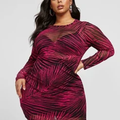 Fashion To Figure Luciana Palm Print Mesh Bodycon Dress