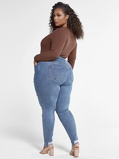 Fashion To Figure High Rise Medium Wash Destructed Jeggings 1 Fashion To Figure High Rise Medium Wash Destructed Jeggings