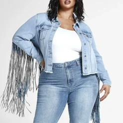 Fashion To Figure Ruthie Fringe Trucker Denim Jacket -Pleasures SHOP x 93bdaece c669 407e a283 a69c3ade950a