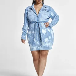 Fashion To Figure Nyssa Bleach Splatter Belted Denim Dress