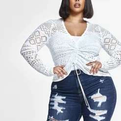 Fashion To Figure Ensley Pointelle Knit Drawstring Sweater