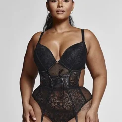Fashion To Figure Angelina Corset Detail Lace Bodysuit With Garter Belt & Stockings