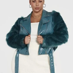 Fashion To Figure Jamila Croc Faux Leather Moto Jacket With Fur Sleeves -Pleasures SHOP x 9c99c2ab 527d 42a8 9b03 818c9ab90a52